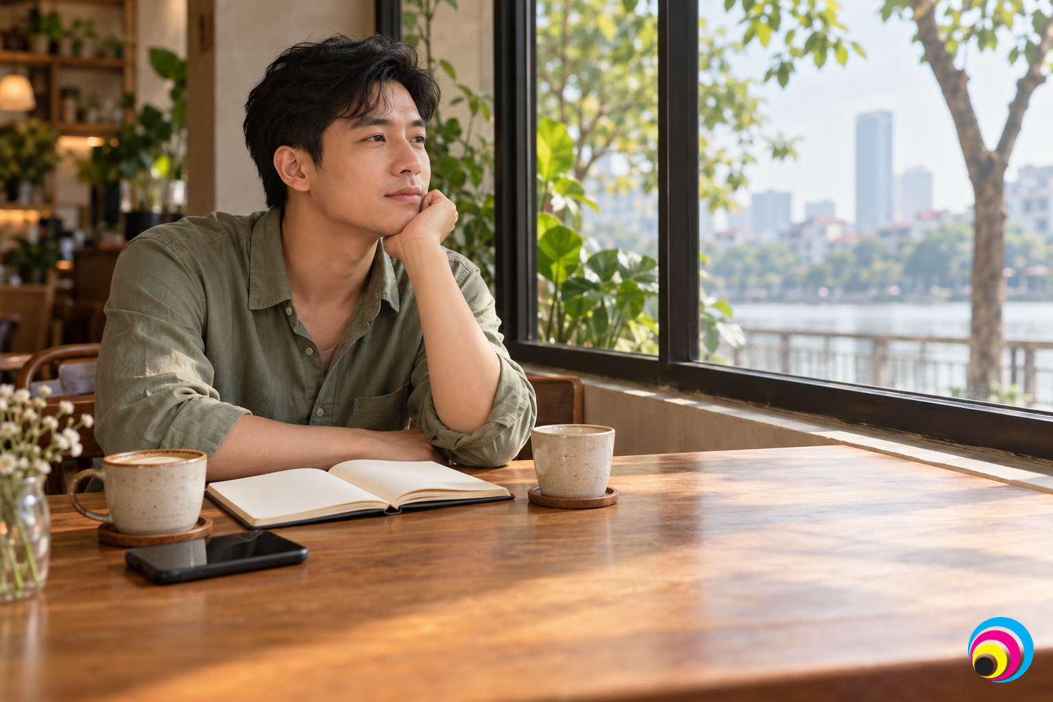 Một người trẻ ngồi bên cửa sổ quán cà phê với sổ và hai chiếc cốc, minh họa chủ đề tình duyên lận đận.