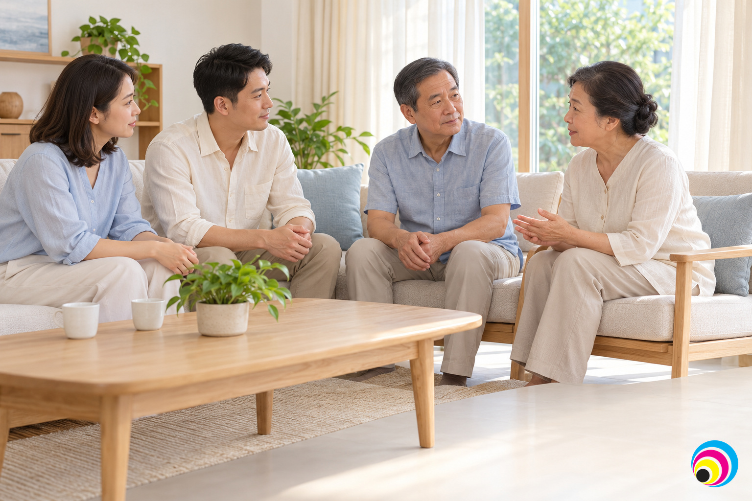 Một cặp đôi cùng trò chuyện với hai người lớn tuổi trong phòng khách sáng và ấm áp.