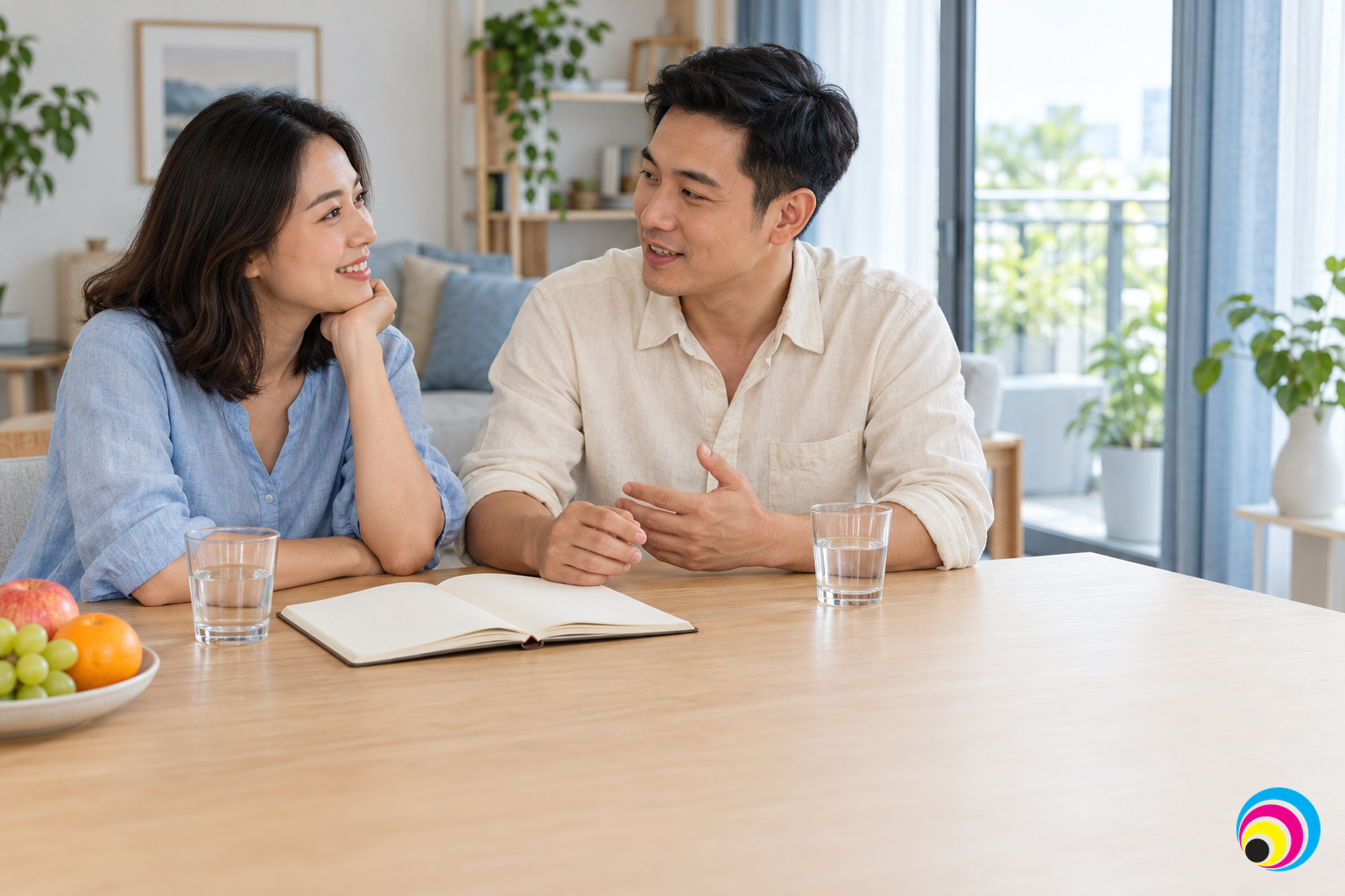 Hai người trẻ trò chuyện bên bàn ăn sáng với sổ và hai cốc nước, minh họa chủ đề hợp tuổi khi yêu.